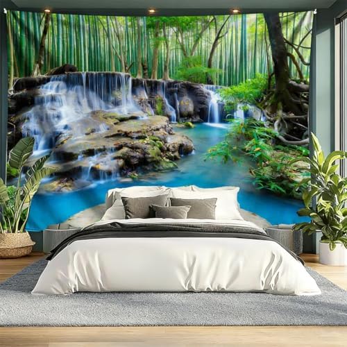 FENDROM Forest Waterfall Tapestry Nature Jungle Stream Green Garden View Wall Hanging Tablecloth Bedspread Picnic Blanket Multifunctional for Bedroom Living Room