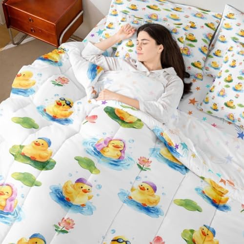 Erosebridal Cute Yellow Duck Full Bedding Set 7 Piece Kawaii Rubber Ducks Bed in A Bag with Sheets Cartoon Animal Print Comforter Set for Kids Adults,Funny Duck Lotus Bed Sets