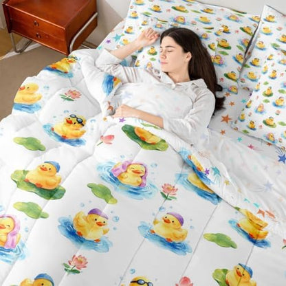 Erosebridal Cute Yellow Duck Full Bedding Set 7 Piece Kawaii Rubber Ducks Bed in A Bag with Sheets Cartoon Animal Print Comforter Set for Kids Adults,Funny Duck Lotus Bed Sets