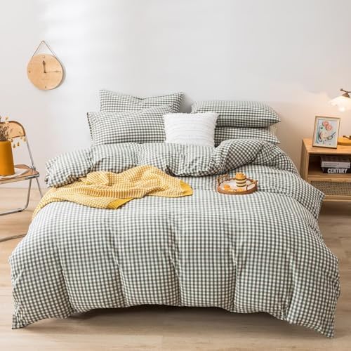 mixinni Green Gingham Comforter Set King, Plaid Comforter Set 3 Pieces 1 Green Grid Comfoter with 2 Pillow Cases for All Seasons, Soft Fluffy Modern Grid Pattern Printed Bedding-King Size