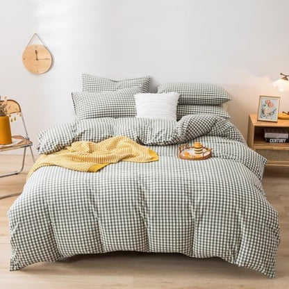 mixinni Green Gingham Comforter Set King, Plaid Comforter Set 3 Pieces 1 Green Grid Comfoter with 2 Pillow Cases for All Seasons, Soft Fluffy Modern Grid Pattern Printed Bedding-King Size