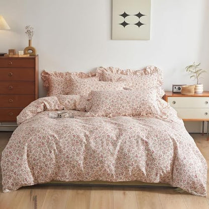 LifeTB Pink Ruffle Comforter Set Full Size Girls Floral Bedding Comforter Set Soft Comfy Cottagecore Flowers Bedding Set Vintage Botanical Floral Bed Comforter with 2 Pillowcases for All Season