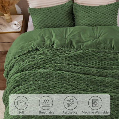 BEDELITE Fluffy Queen Comforter Set, Olive Green Fleece Bed Set 3 Pieces