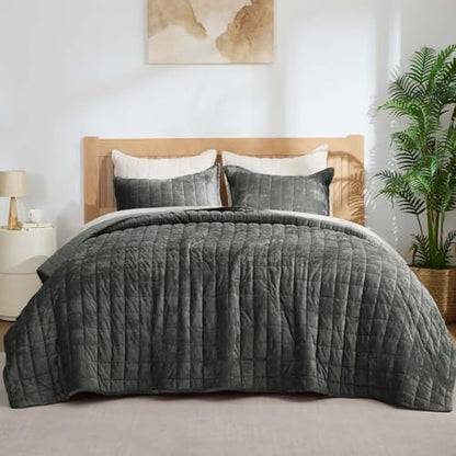 BEDELITE Velvet Quilt Set King Size, Luxury Velvet Comforter Bedding