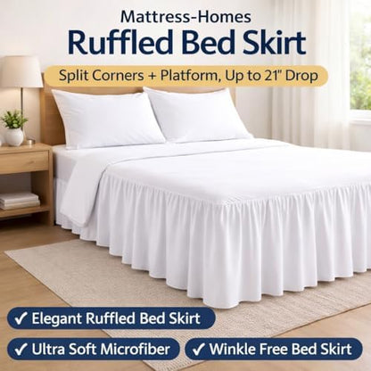 Mattress-Homes Ruffled Bed Skirt Split Corners with Platform, Tailored Fit Wrinkle Free Ultra-Soft Microfiber Dust Ruffle, Upto 21" Drop, Twin, White