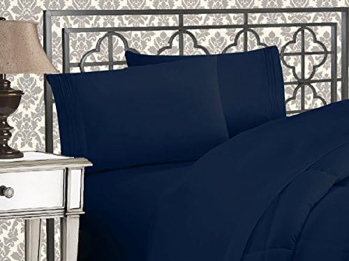 Elegant Comfort Luxurious 1500 Premium Hotel Quality Microfiber Three Line Embroidered Softest 4-Piece Bed Sheet Set, Wrinkle and Fade Resistant, California King, Navy Blue