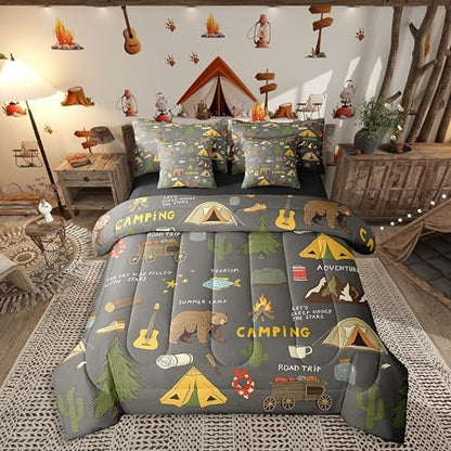 Erosebridal Happy Camping 7 Piece Comforter Set Queen Bed in a Bag for Kids,Hunting Bear and Pike Fish Bedding,Camper Accessories Sheet Set,Travel Car Hiking Theme Guitar Camera Duvet Insert,Black