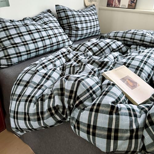 LifeTB Queen Comforter Set Grey Black Plaid Comforter Set, 3 Pieces Vintage Checkered Pattern Grid Comforter with 2 Pillowcases, Fluffy Soft Farmhouse Plaid Bedding Gingham Comforter Set Queen