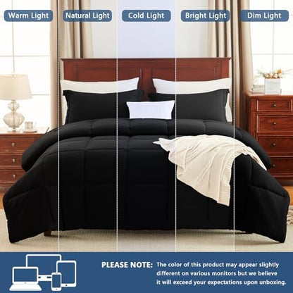 CozyLux Queen Comforter Set Black - 3 Pieces Box Stitched Comforters Queen Size, Soft Bed Set for All Seasons, Lightweight Bedding Sets with 1 Down Alternative Comforter and 2 Pillow Shams (Pack of 2)