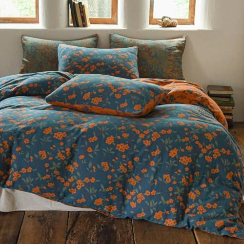 Simple&Opulence Muslin Duvet Cover Set Queen Size, 100% Washed Cotton 3 Pieces Yarn-Dyed Vintage Blue Orange Floral Jacquard Textured Bedding, Soft Breathable Gauze Comforter Cover with Zipper Closure
