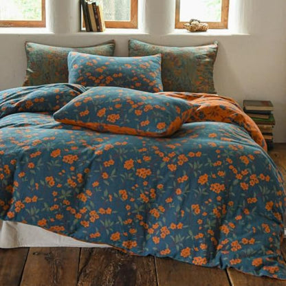 Simple&Opulence Muslin Duvet Cover Set Queen Size, 100% Washed Cotton 3 Pieces Yarn-Dyed Vintage Blue Orange Floral Jacquard Textured Bedding, Soft Breathable Gauze Comforter Cover with Zipper Closure