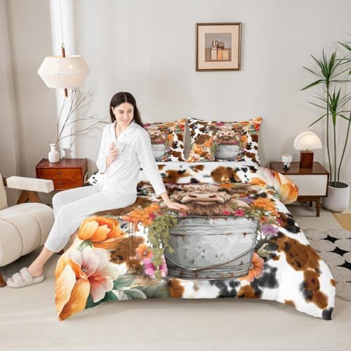 Highland Cattle Cup Comforter Set for Kids Adults,Retro Cow Skin Farmhouse Animal Soft Bedding Comforter Sets Queen,Watercolor Wild Flowers Rustic Style Quilt Comforter with 2 Pillowcases