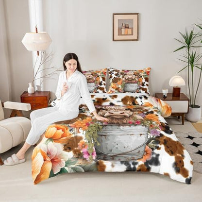 Highland Cattle Cup Comforter Set for Kids Adults,Retro Cow Skin Farmhouse Animal Soft Bedding Comforter Sets Queen,Watercolor Wild Flowers Rustic Style Quilt Comforter with 2 Pillowcases