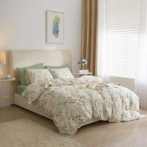 mixinni White Duvet Cover Set with Green Leaves Twin XL Size 100% Cotton Flower Printed Bedding Set 1 Duvet Cover 2 Pillowcases for Teen Girls, Ultra Soft, Breathable, Comfortable(3pcs, Twin XL Size)