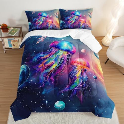 Glowing Jellyfish Comforter Set Queen Size with 2 Pillowcases.