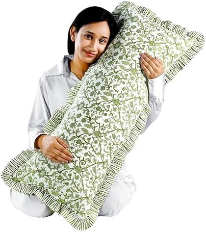 CPC Block Print Meadow Vine Ruffle Cotton Lumbar Pillow Cover 14x36 inch