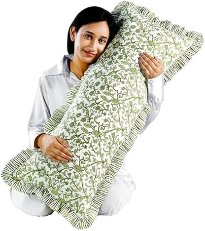CPC Block Print Meadow Vine Ruffle Cotton Lumbar Pillow Cover 14x36 inch