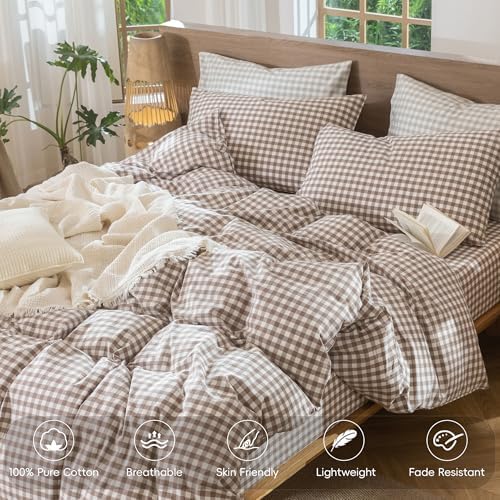 MooMee Gingham Duvet Cover Set 100% Washed Cotton Linen Like