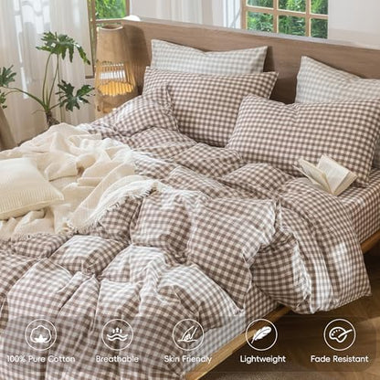 MooMee Gingham Duvet Cover Set 100% Washed Cotton Linen Like