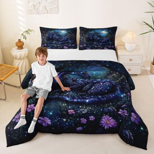 Feelyou Dragon Bedding Set Soft for Boys Girls, Jungle Dragon Comforter Set Queen Size Magical Beast Duvet Quilt Microfiber Fantasy Animal Bedroom Decor Wild Life 3 Pcs with 2 Pillow Cases