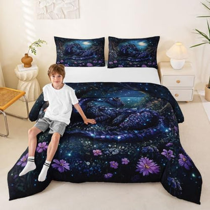 Feelyou Dragon Bedding Set Soft for Boys Girls, Jungle Dragon Comforter Set Queen Size Magical Beast Duvet Quilt Microfiber Fantasy Animal Bedroom Decor Wild Life 3 Pcs with 2 Pillow Cases