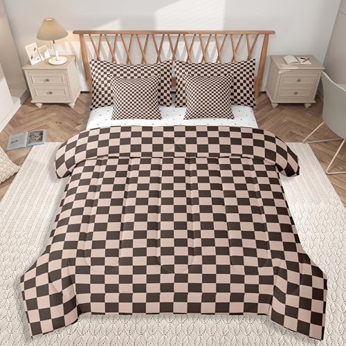 jejeloiu Brown Bedding Set 7Pcs King Size Kids Buffalo Plaid Comforter Set with Sheets for Boys Girls Checkered Grid Bed in a Bag Soft Lightweight,Microfiber