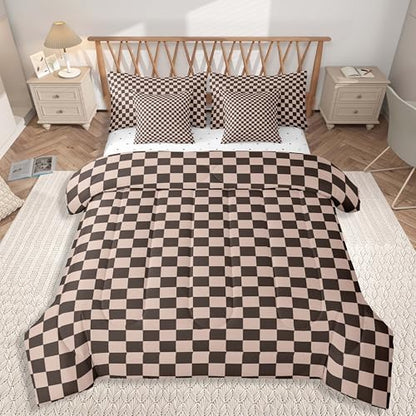 jejeloiu Brown Bedding Set 7Pcs King Size Kids Buffalo Plaid Comforter Set with Sheets for Boys Girls Checkered Grid Bed in a Bag Soft Lightweight,Microfiber