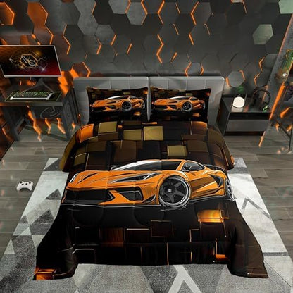 Erosebridal Boys Race Car Bedding Set Twin Size Orange Racing Car Comforter Set 2 Pieces Modern Geometric Grid Bedding Comforter Sets Cool Speed Car Down Comforter for Kids Teens