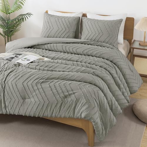 Andency Medium Grey Comforter Set Queen Size, 3 Pieces Boho Bed Set