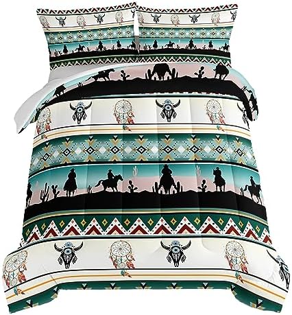 HOSIMA Western Bedding Comforter Sets,Longhorn Skull Dream Catcher Boho Comforter Set King Size for Adults Kids Cowboy Western Decor,Geometric Multicolor Teal Comforter King Size.