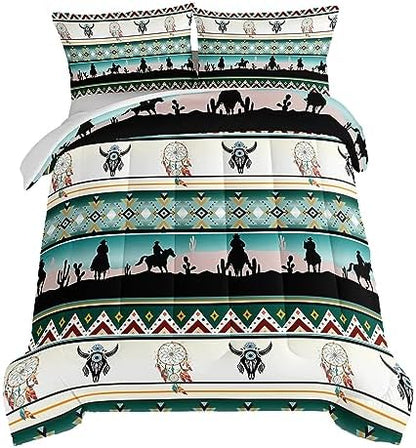 HOSIMA Western Bedding Comforter Sets,Longhorn Skull Dream Catcher Boho Comforter Set King Size for Adults Kids Cowboy Western Decor,Geometric Multicolor Teal Comforter King Size.