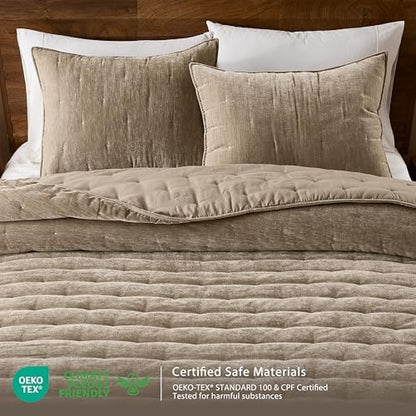 WDCOZY Cloud Soft Queen Size Quilt Set, Beige Tan Taupe Chenille Velvet