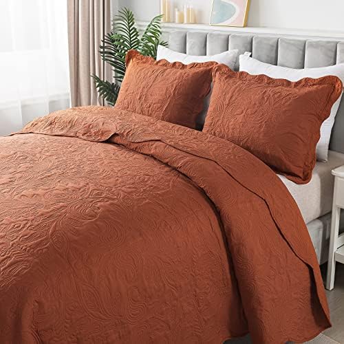 HoneiLife Embroidered Quilt King Size - 3 Piece Microfiber Quilt Sets Lightweight Bedspreads Reversible Coverlets Retro Bed Cover Paisley Pattern Bedding Set All Season Quilts-Rust