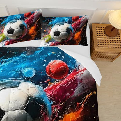 Soccer Comforter Queen Size,Sport Kids Comforter Set,3Pcs Bedding Set Printed Comforter with 2 Pillowcases,Down Alternative,Soft and Lightweight,for All Seasons