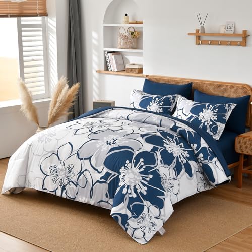 Anibedding Navy Floral Comforter Set Queen Size 7 Piece, Blue Flower Bed in a Bag, Elegant Botanical Floral Comforter Soft Microfiber Complete Bedding Set for All Season, (Navy Blue, 90"x90")