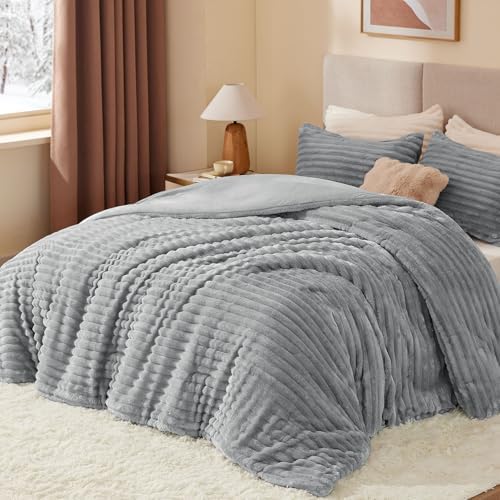 BEDELITE Fleece California King Comforter Set, Fluffy Bed Set, Light Grey