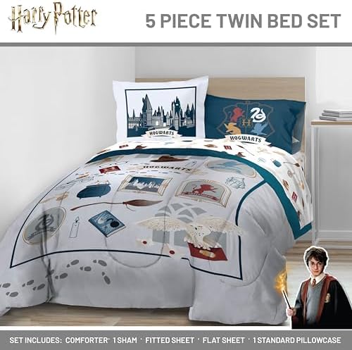 Harry Potter Twin Comforter Set 5 Piece Soft Hogwarts Bedding, Grey