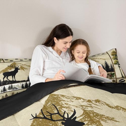 Erosebridal Deer Hunting Comforter Set Twin Size Wild Animal Deer Print Bedding for Boys Girls Western Themed Bedding Comforter Sets Grids Patchwork Decor Duvet Insert Hunting Theme Quilt 2 Pcs