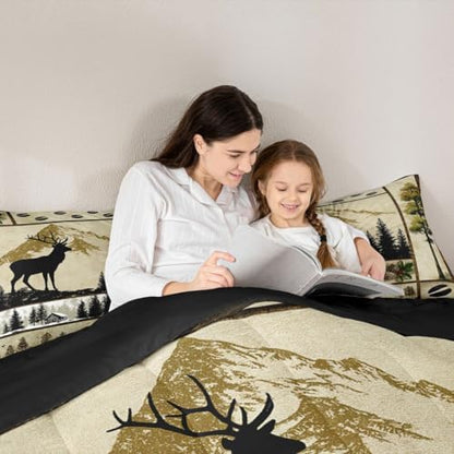 Erosebridal Deer Hunting Comforter Set Twin Size Wild Animal Deer Print Bedding for Boys Girls Western Themed Bedding Comforter Sets Grids Patchwork Decor Duvet Insert Hunting Theme Quilt 2 Pcs