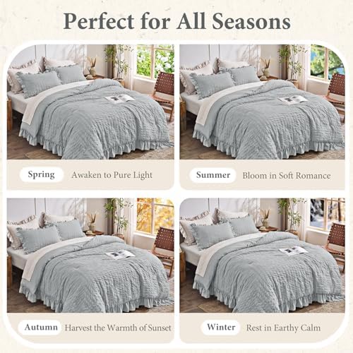 JOLLYVOGUE Light Grey Oversized Queen Comforter Set,3pcs Seersucker Bed Set