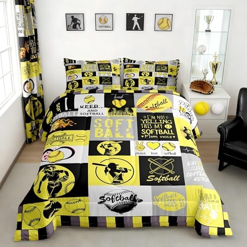 Castle Fairy Softball Plaid King Size Comforter Set Kids Sports Theme Decor All Season Bedding Set for Girls Teens Yellow Black Gray Comforter Sports Softball Decor Quilt Set Bedroom Collection 3Pcs