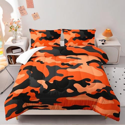 Nttopship Orange Camo Bedding Set Twin Size,Orange Camouflage Camou Camouflage Comforter Set 3Pcs,All Season Lightweight Bedspread for Boy Kids Teens Adults with 2 Pillowcases