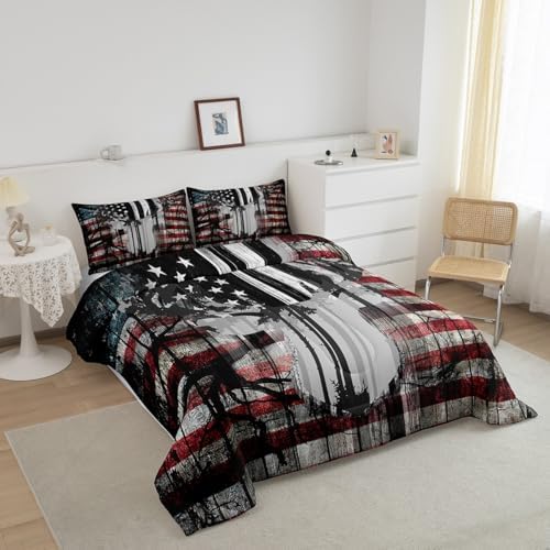 Feelyou American Flag Deer Antlers Bedding Set Hunting Camping Comforter Set for Kids Boys Girls USA Flag Comforter Tree Branch Inner Fill Duvet Set 1 Comforter Set with 2 Pillowcases Full Size