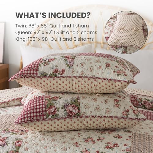 SLPR - Country Roses Red Floral Patchwork Quilt Set, Twin with 1 Sham