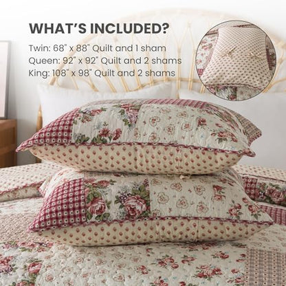 SLPR - Country Roses Red Floral Patchwork Quilt Set, King with 2 Shams