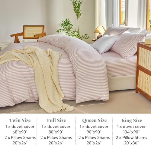 Striped Duvet Cover Set Full Size 100% Washed Cotton Linen Feel 3 Piece Bedding Set Comfy Breathable (Full, Classic Stripe-Greyish Pink/White)