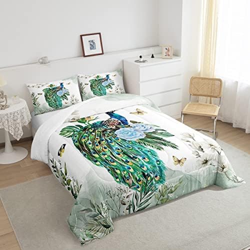 Homewish Peacock King Size Comforter Set,Kids Butterfly and Floral Decor All Season Bedding Set,Teens Retro Chinese Style Comforter,Girls Watercolor Feathers Decor Quilt Set Bedroom Collection 3Pcs