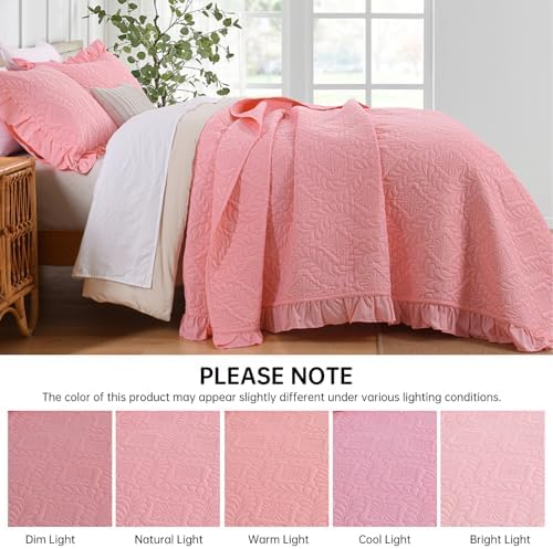 DJY Pink King Size Quilt Set, Ruffled Quilt Bedding Set