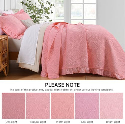 DJY Pink King Size Quilt Set, Ruffled Quilt Bedding Set