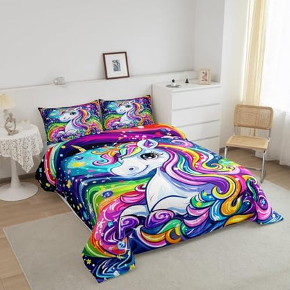 Castle Fairy Unicorn Comforter Set King Size 3 Piece Colorful Unicorn Bedding Set for Girls Kids Bedroom Decor,Universe Starry Sky Watercolor Reversible All Season Quilt Duvet with 2 Pillowcases